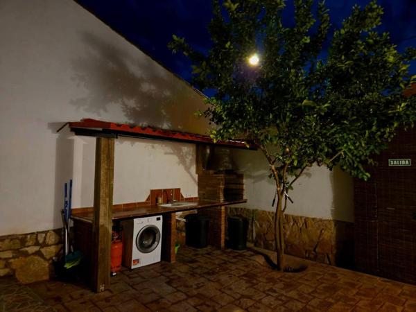 Patio iluminado de noche con naranjo y lavadora