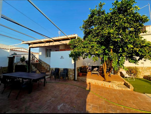 Patio con pérgola, naranjo y mesas al aire libre