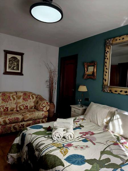 Dormitorio con sofá cama y pared verde